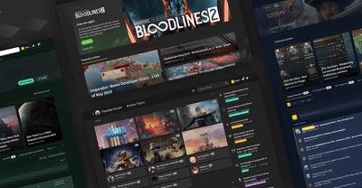 Desktop views of Paradox's homepage with thumbnails of articles and a variety of their games.